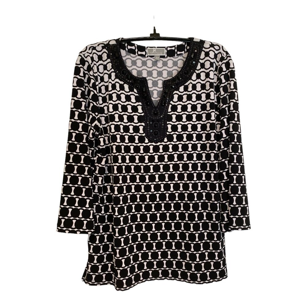 JM Collection Black & White Jeweled V-Neck 3/4 Sleeve Top Women's Size PM